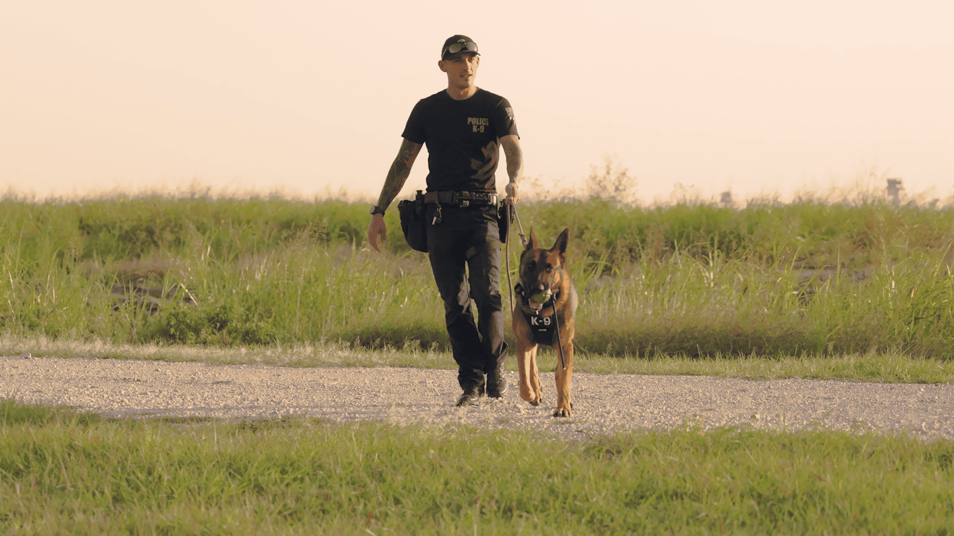A police officer in uniform walks on a gravel path with a German Shepherd K-9 dog wearing a harness. Green grass and plants are visible in the background under a hazy sky.
