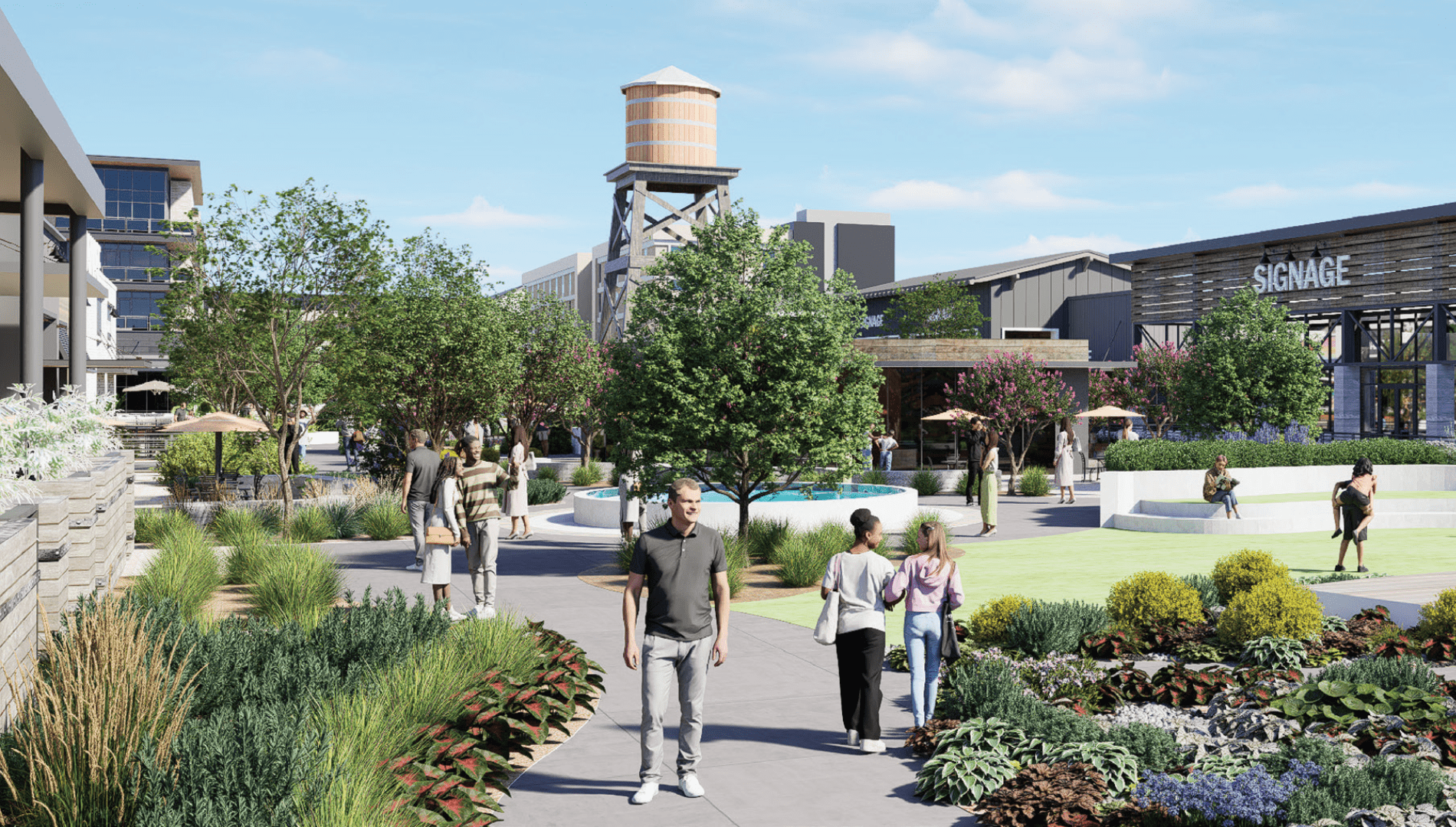 A modern outdoor plaza with people walking and relaxing, surrounded by greenery, benches, and a water tower in the background under a blue sky.